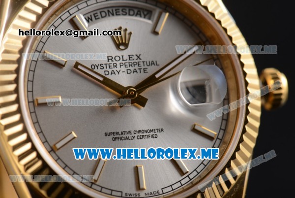 Rolex Day-Date Clone Rolex 3255 Automatic Yellow Gold Case/Bracelet with Silver Dial and Stick Markers - Click Image to Close